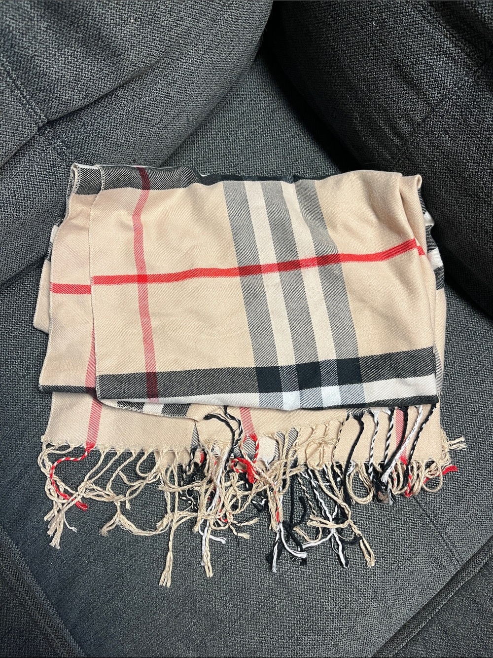 Pashmina Beige, Black & Red Plaid Cashmere Scarf/Shawl